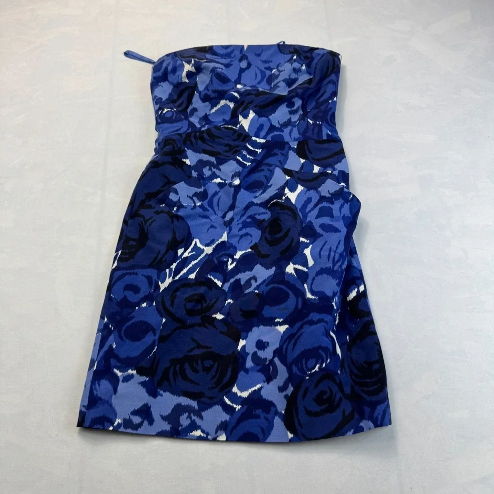 Ann Taylor Strapless Sheath Dress Womens Petite 00P Blue Floral Lined Sleeveless